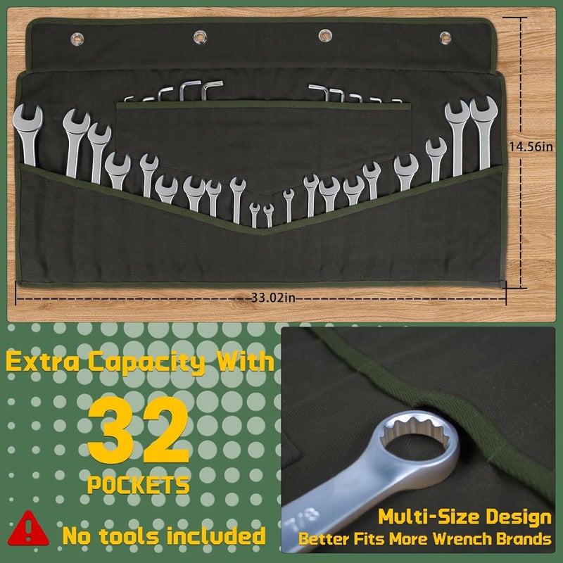 lelezone Heavy-Duty 32-Pocket Wrench Roll-Up Organizer - Made with 16 oz. Waxed Canvas, Fits Metric & SAE Wrenches, Perfect for Mechanics, DIYers, and Tool Storage (Army Green) - Image 2